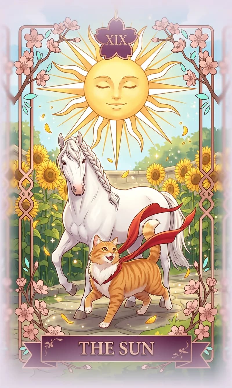 The Sun in the anime tarot style, a cat and a white horse under a smiling sun