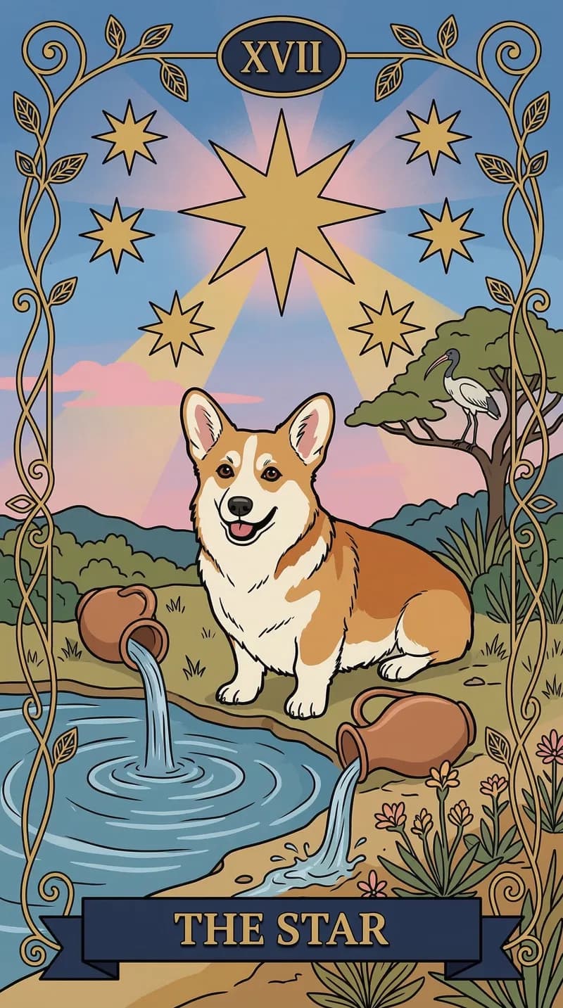 The Star in the classic tarot style, a corgi between two water jugs