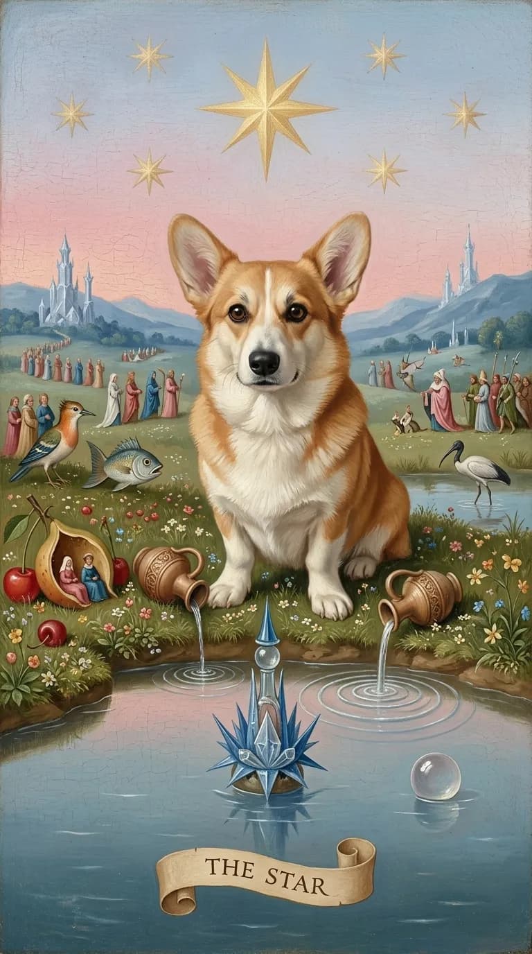The Star in the Earthly Delights tarot, a corgi in a fantastical garden