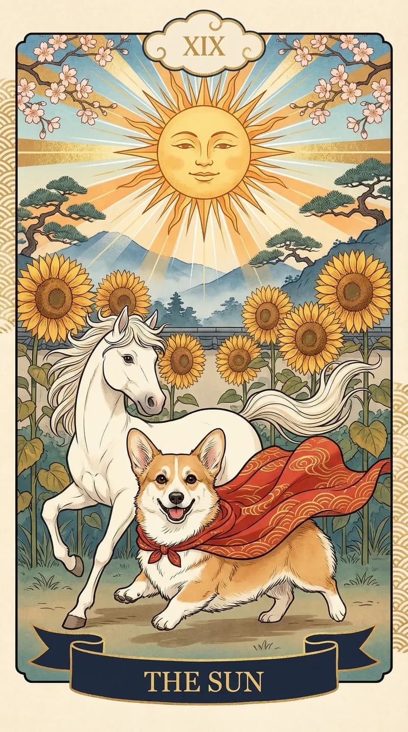 The Sun in the Japanese tarot style, a corgi in a red cape beside a white horse