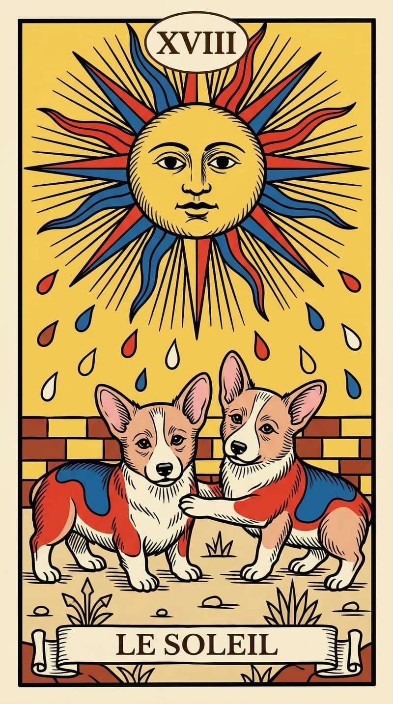 Le Soleil in the Tarot de Marseille style, two corgis under a bright sun