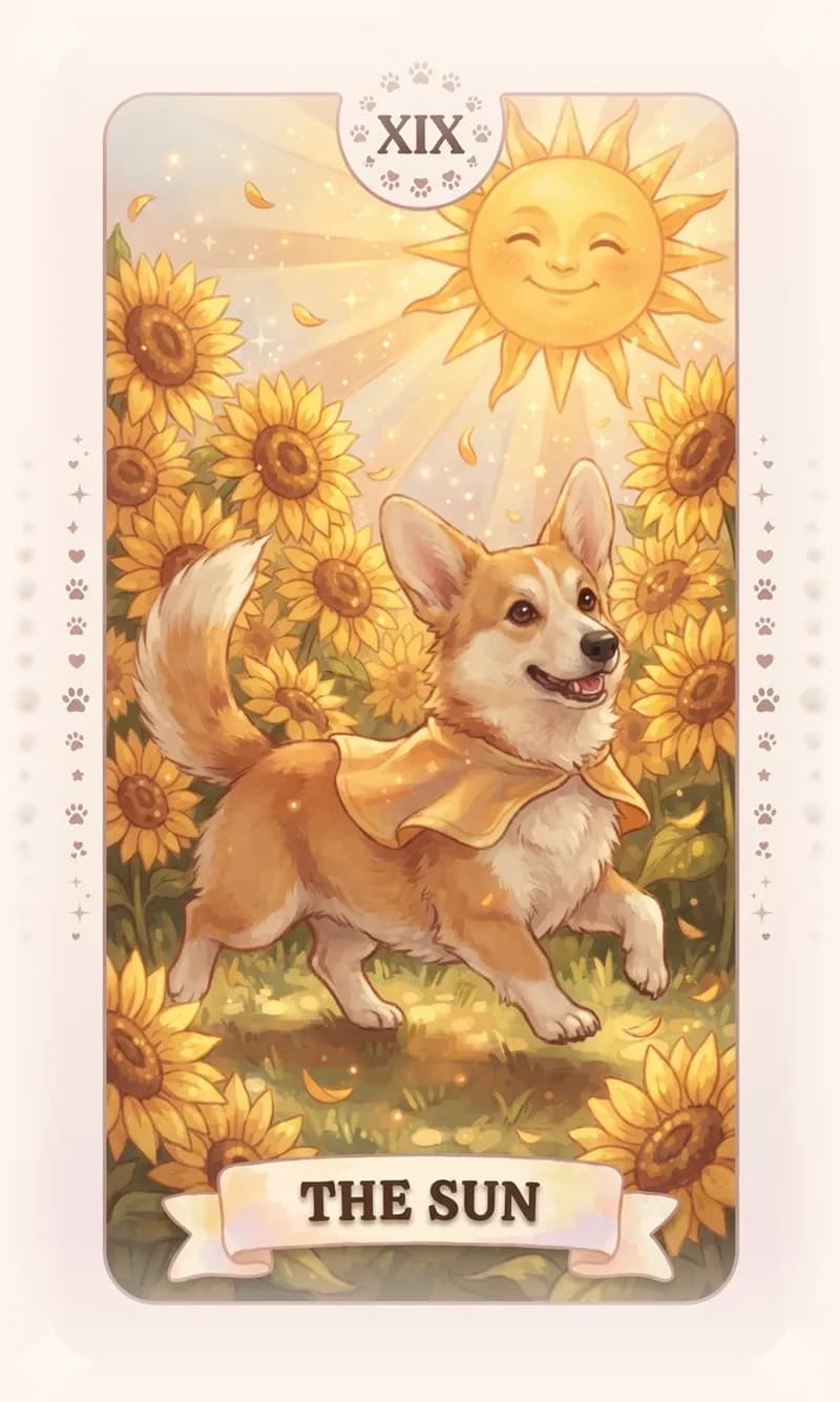 The Sun card from the pet tarot, a corgi running through sunflowers