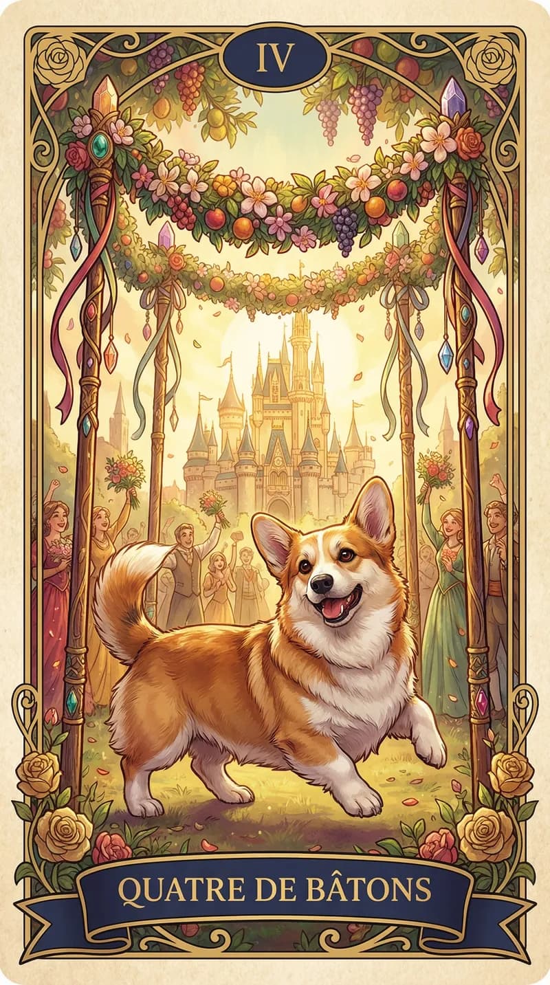 Carte de tarot Quatre de Bâtons issue d'un jeu d'exemple personnalisé