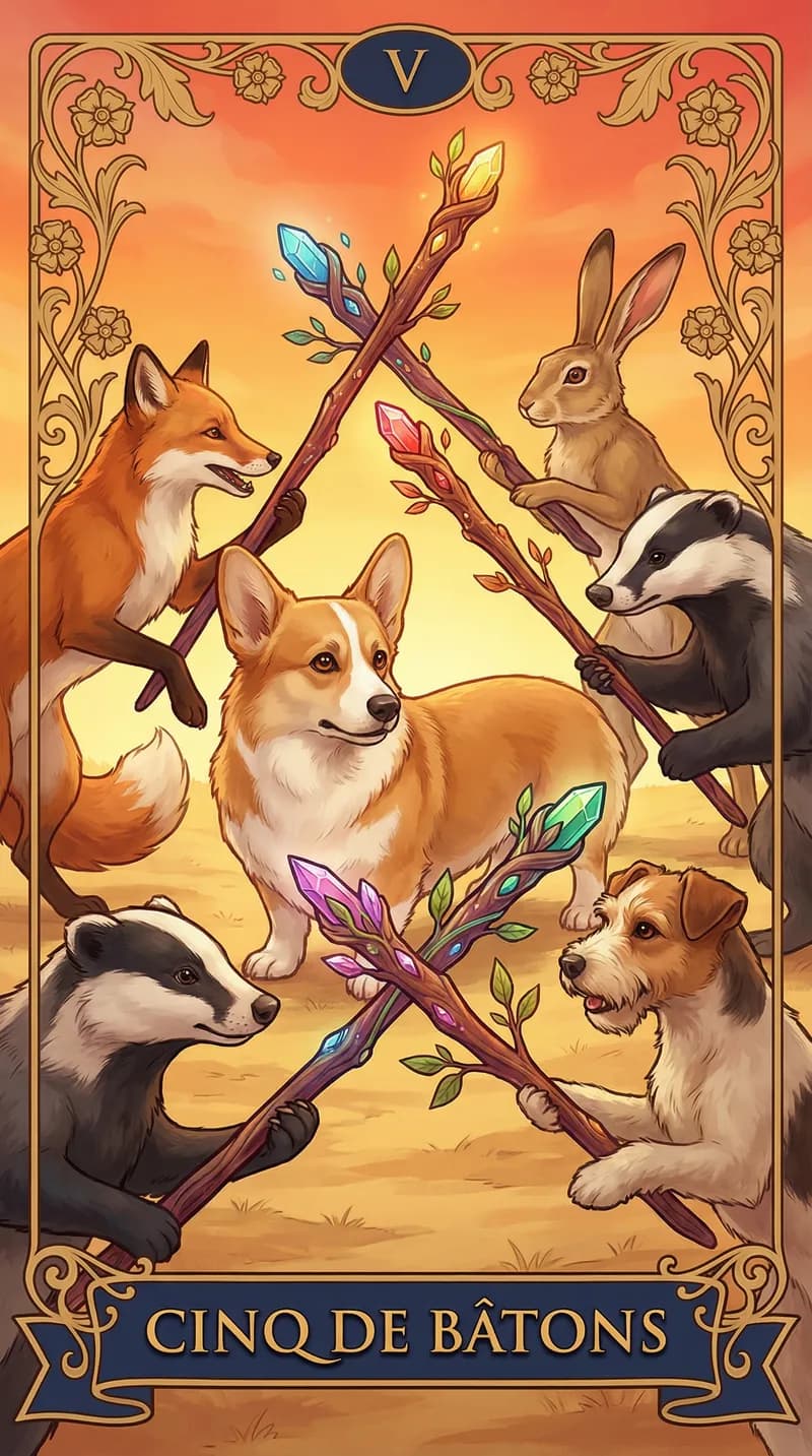 Carte de tarot Cinq de Bâtons issue d'un jeu d'exemple personnalisé