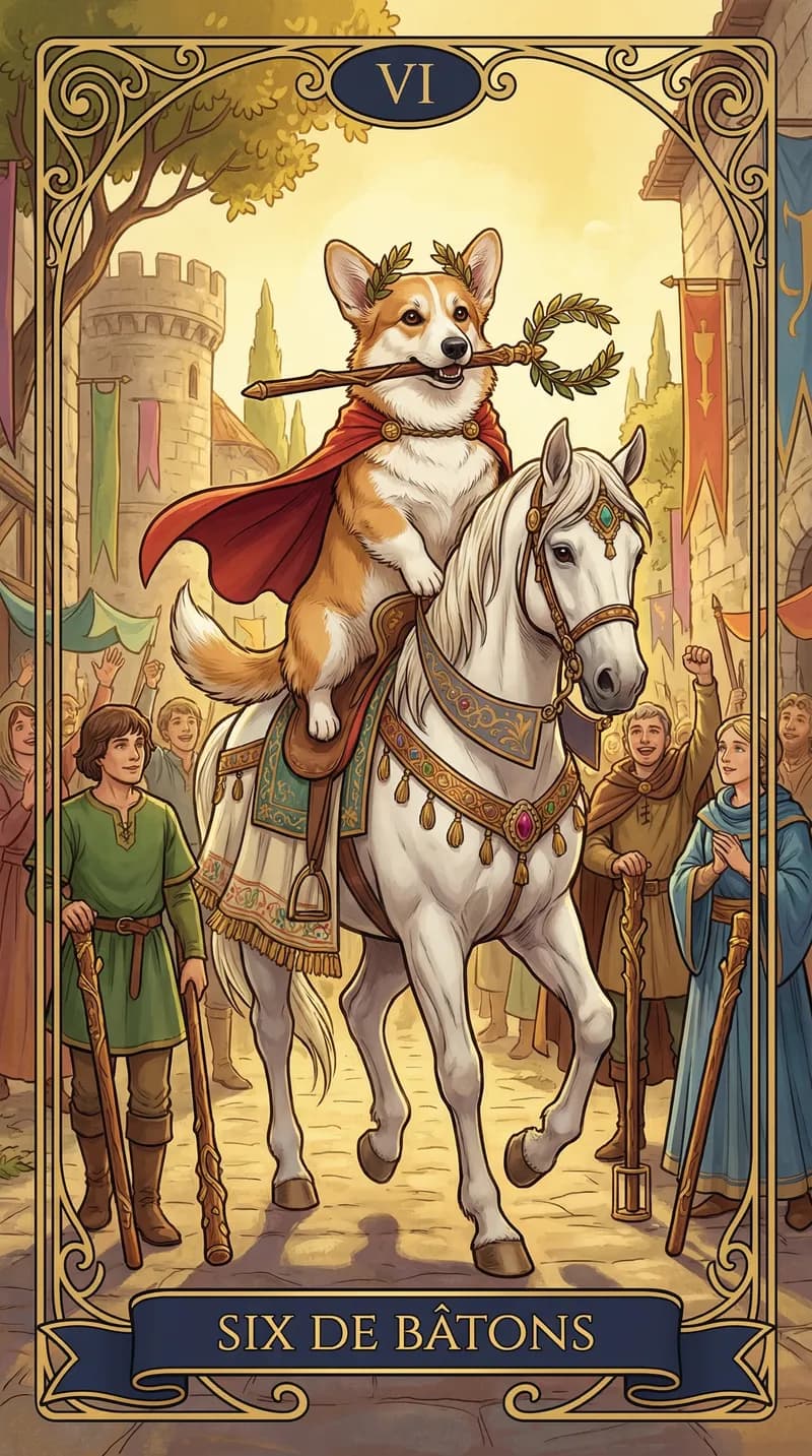 Carte de tarot Six de Bâtons issue d'un jeu d'exemple personnalisé