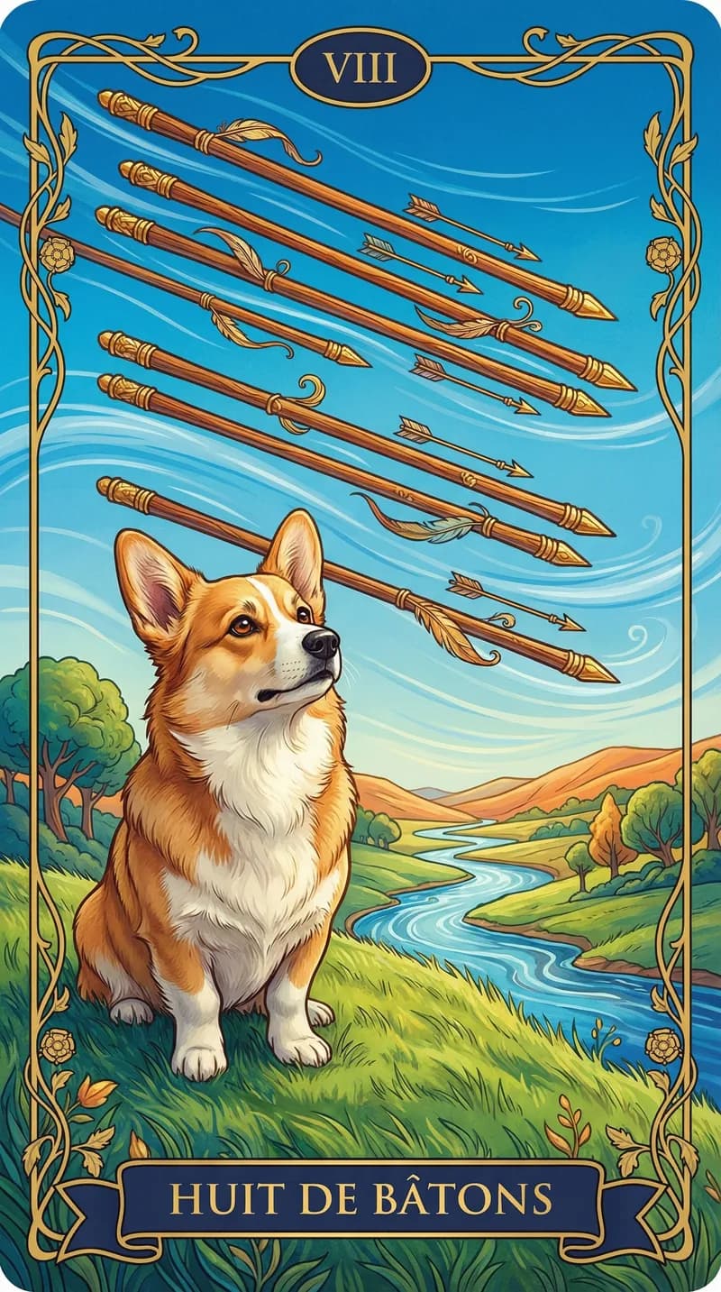 Carte de tarot Huit de Bâtons issue d'un jeu d'exemple personnalisé