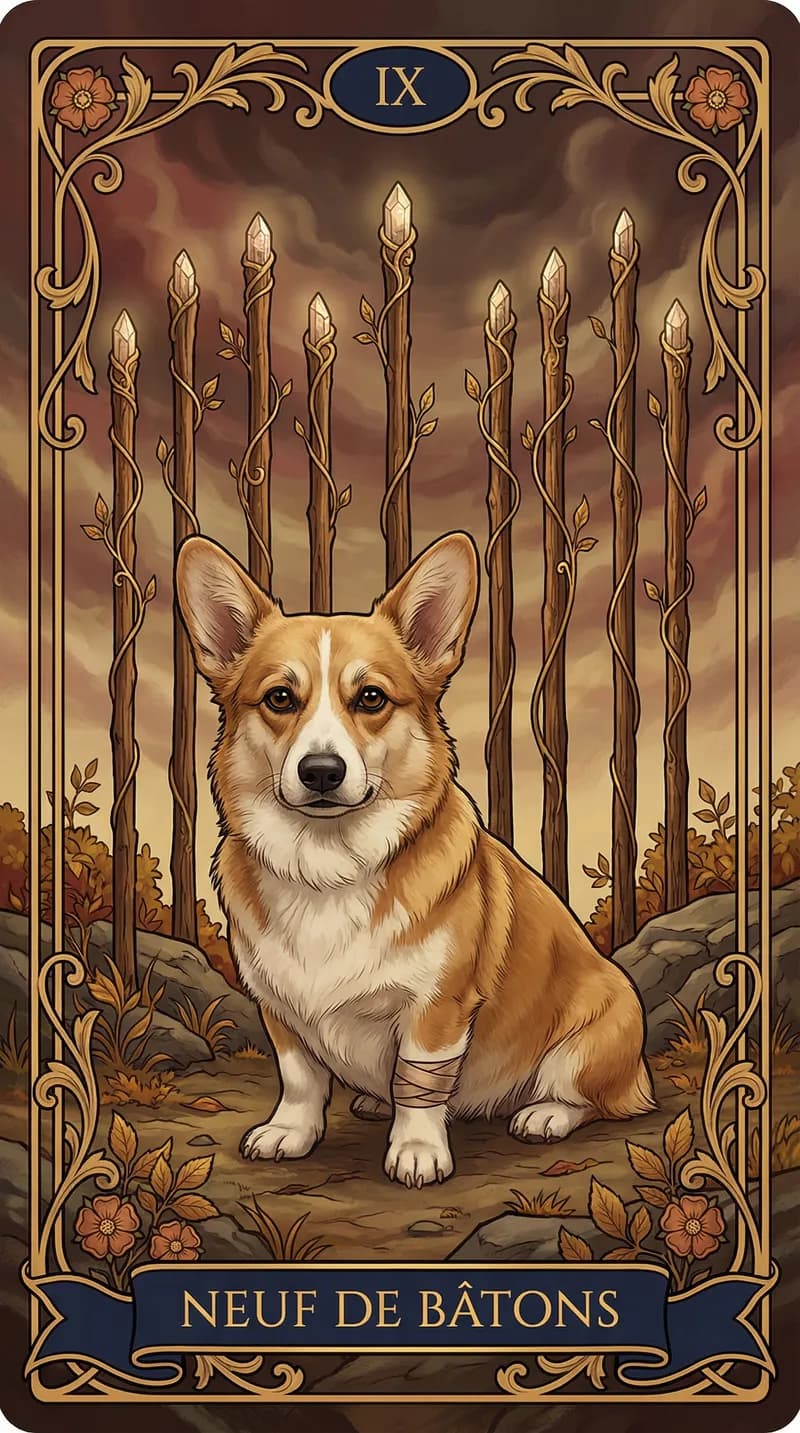 Carte de tarot Neuf de Bâtons issue d'un jeu d'exemple personnalisé