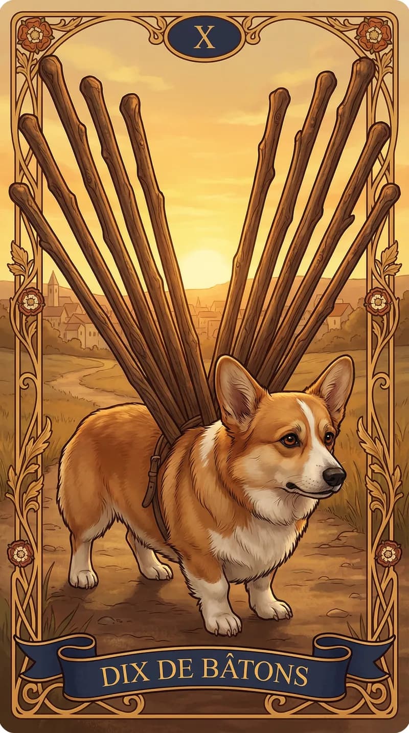 Carte de tarot Dix de Bâtons issue d'un jeu d'exemple personnalisé
