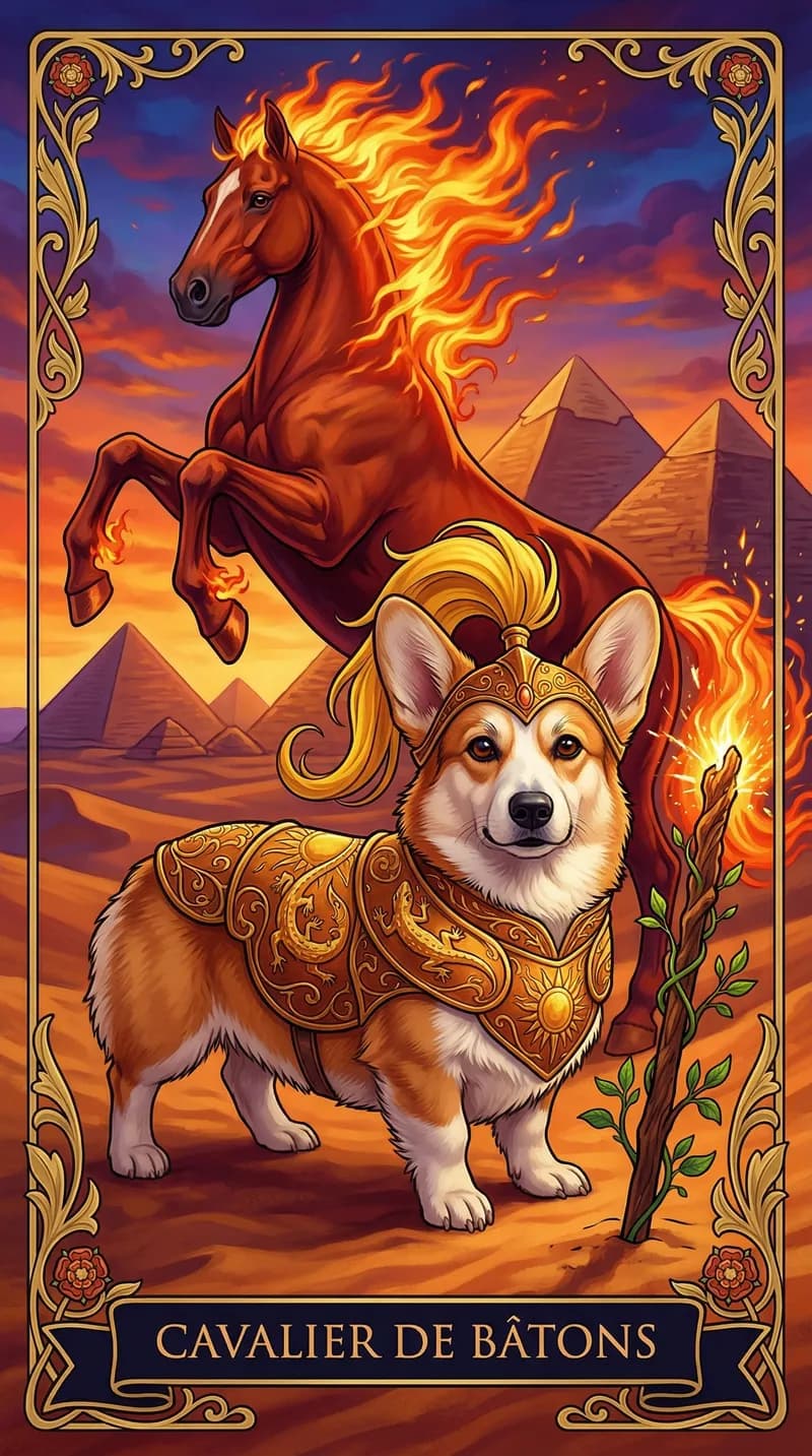Carte de tarot Cavalier de Bâtons issue d'un jeu d'exemple personnalisé