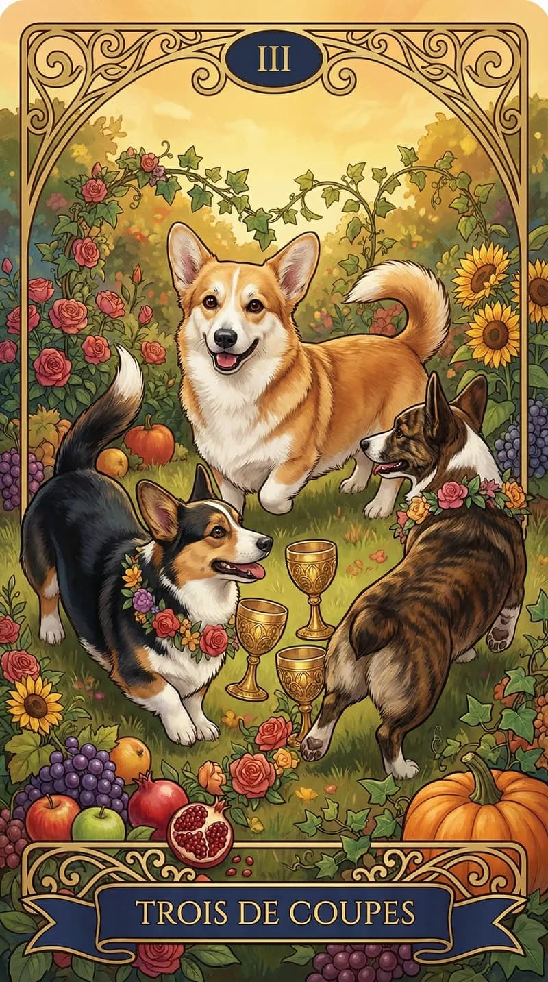 Carte de tarot Trois de Coupes issue d'un jeu d'exemple personnalisé