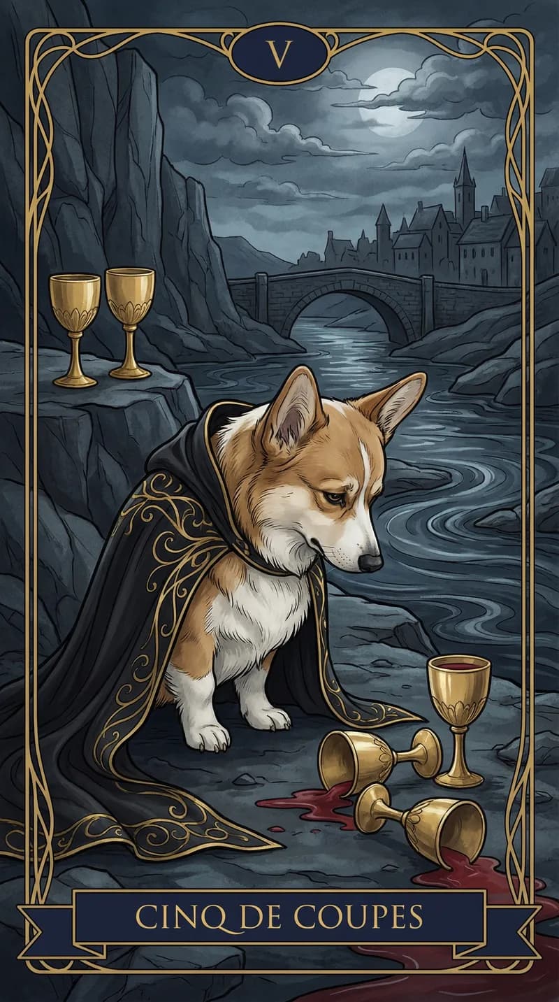 Carte de tarot Cinq de Coupes issue d'un jeu d'exemple personnalisé