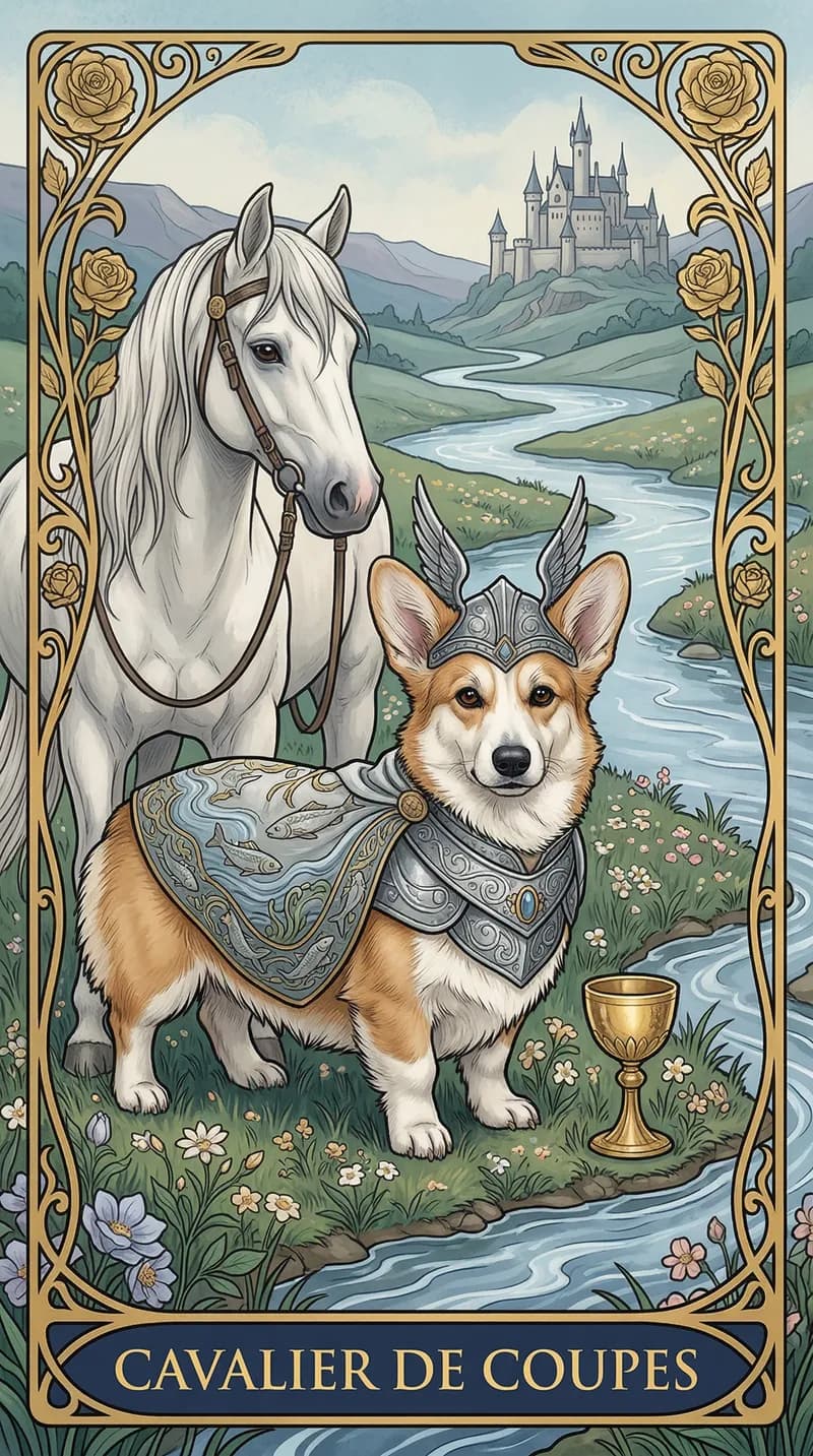 Carte de tarot Cavalier de Coupes issue d'un jeu d'exemple personnalisé