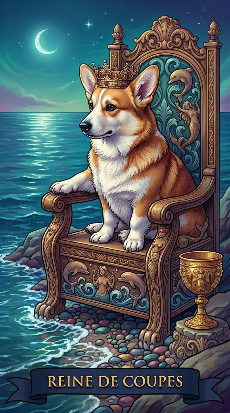 Carte de tarot Reine de Coupes issue d'un jeu d'exemple personnalisé