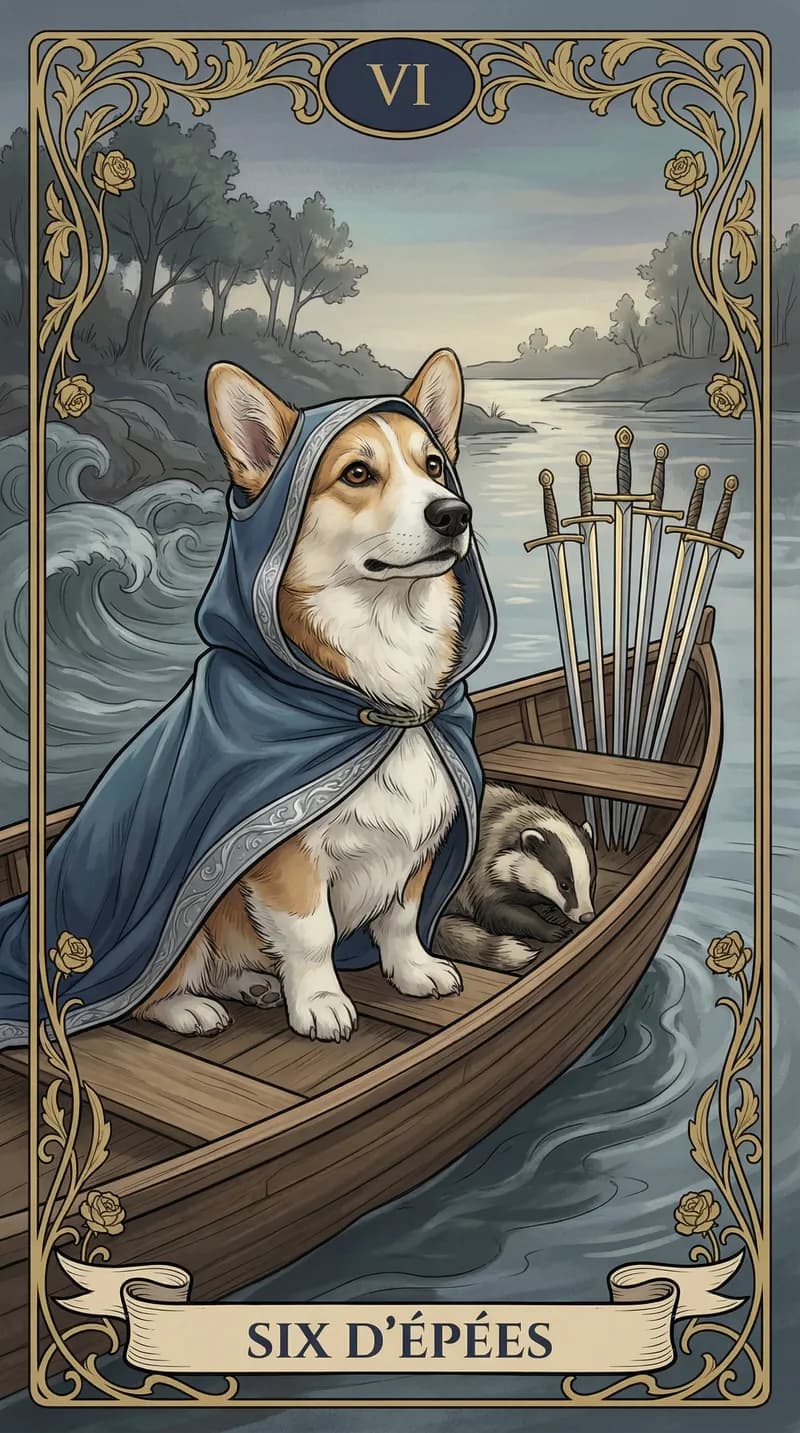 Carte de tarot Six d'Épées issue d'un jeu d'exemple personnalisé