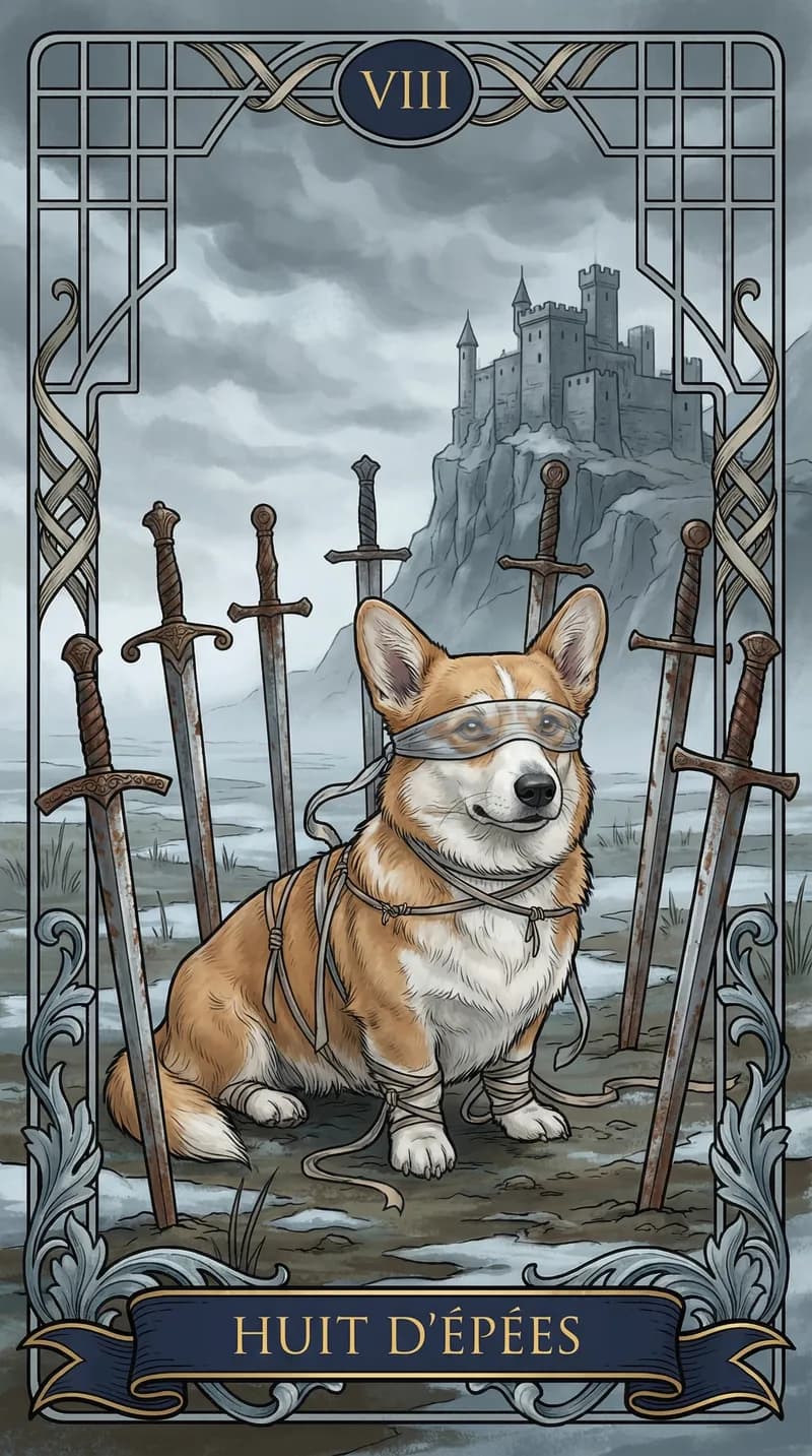 Carte de tarot Huit d'Épées issue d'un jeu d'exemple personnalisé