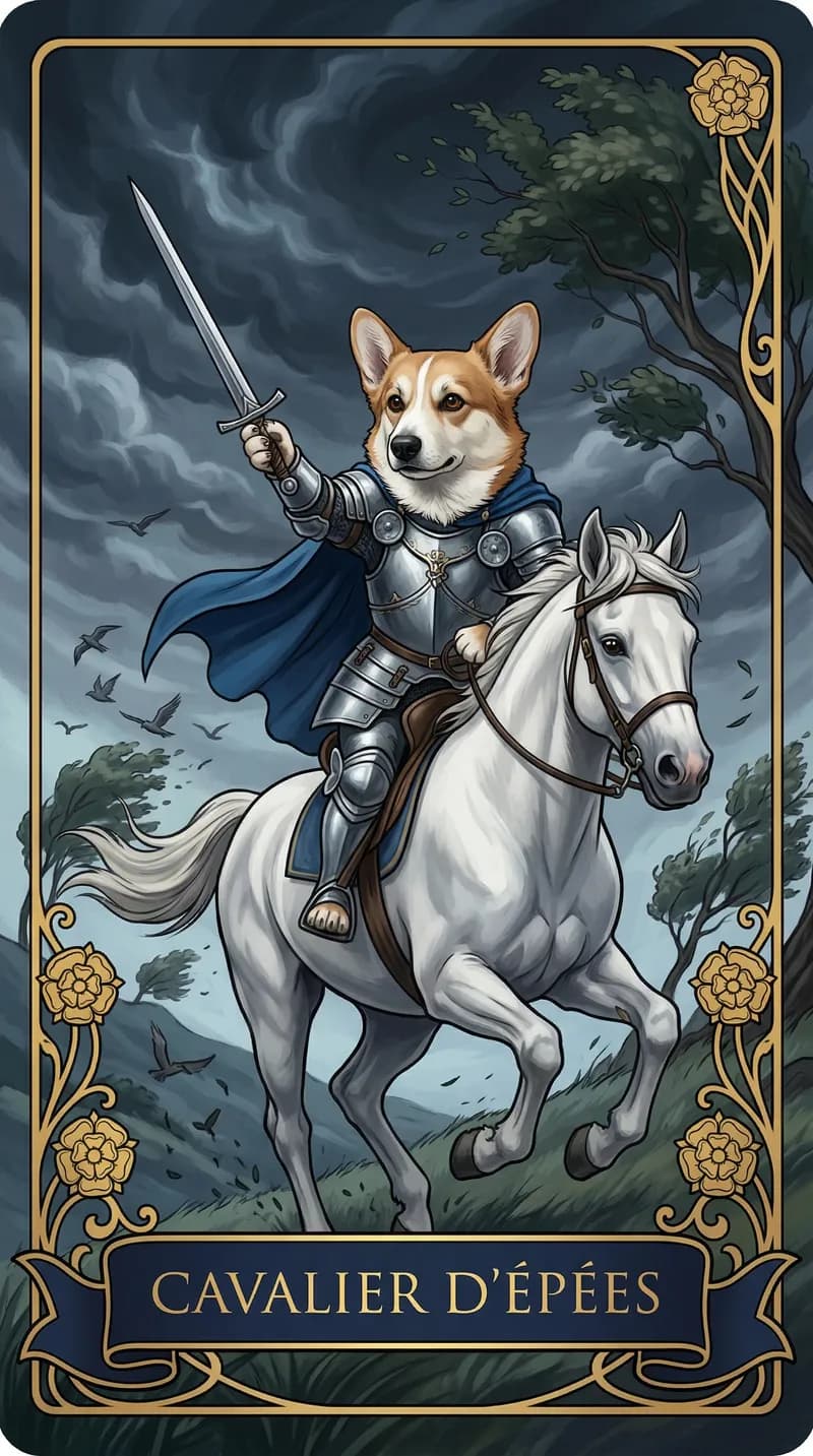 Carte de tarot Cavalier d'Épées issue d'un jeu d'exemple personnalisé