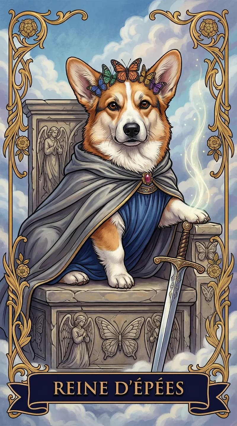 Carte de tarot Reine d'Épées issue d'un jeu d'exemple personnalisé