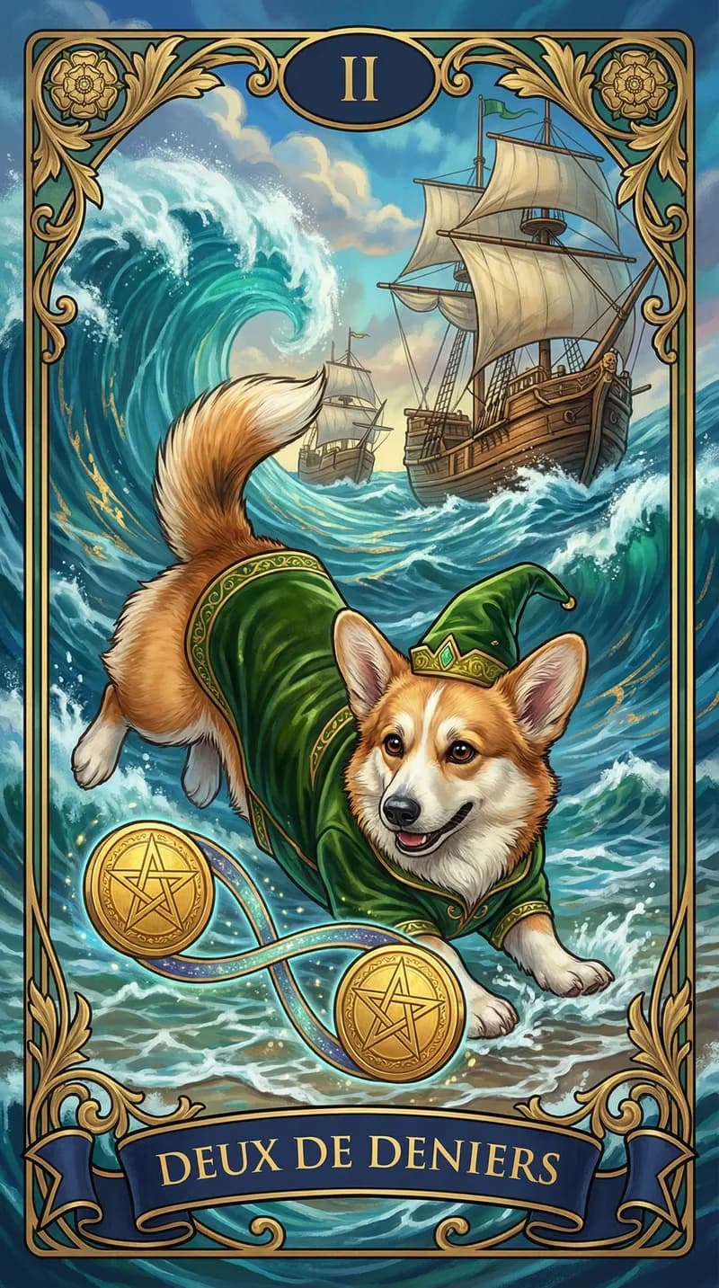 Carte de tarot Deux de Deniers issue d'un jeu d'exemple personnalisé