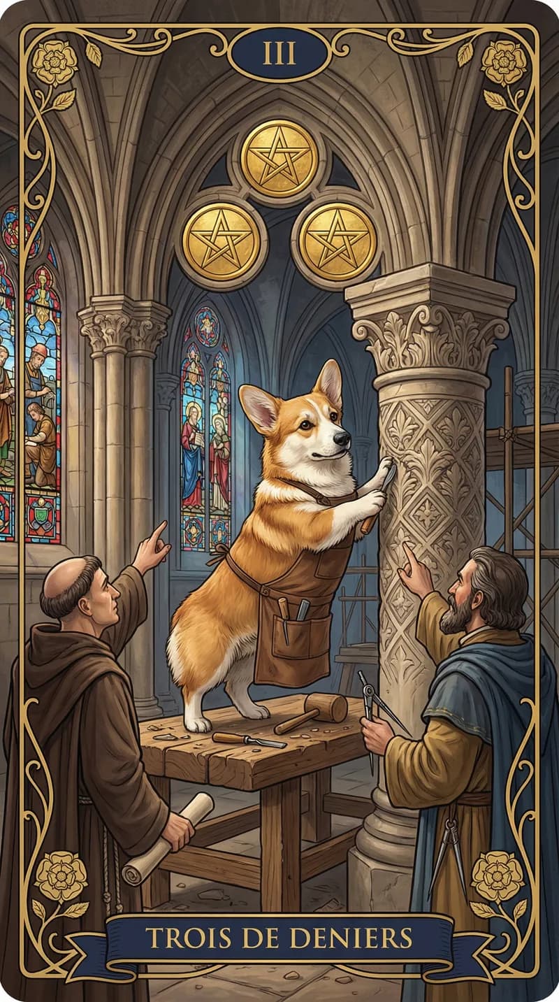 Carte de tarot Trois de Deniers issue d'un jeu d'exemple personnalisé