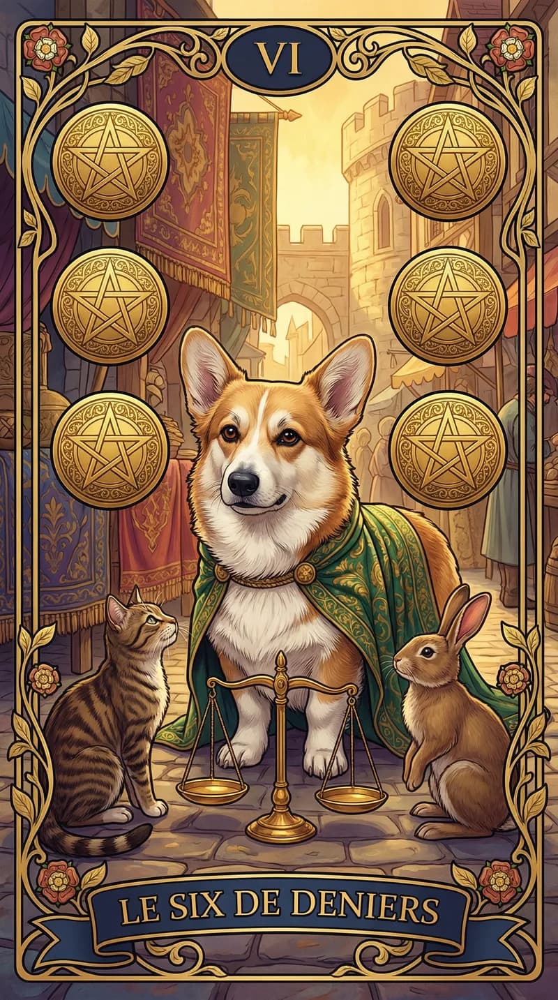 Carte de tarot Six de Deniers issue d'un jeu d'exemple personnalisé
