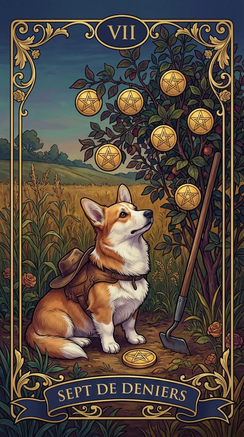 Carte de tarot Sept de Deniers issue d'un jeu d'exemple personnalisé