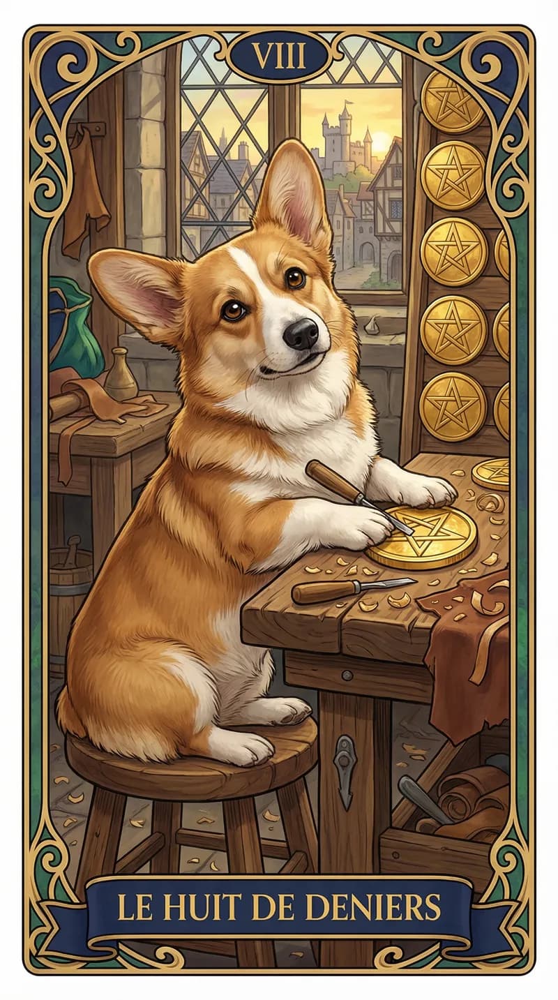 Carte de tarot Huit de Deniers issue d'un jeu d'exemple personnalisé