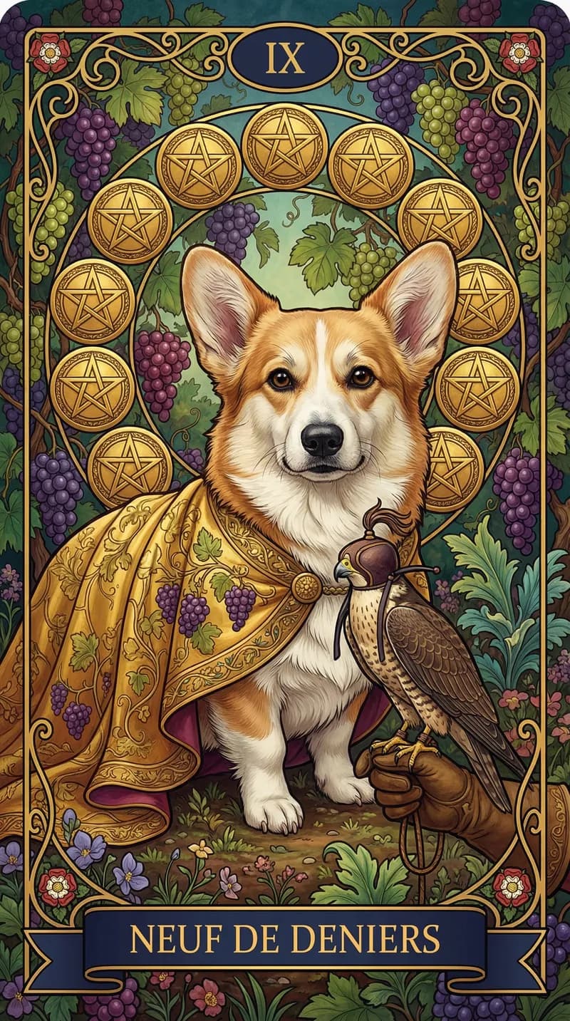 Carte de tarot Neuf de Deniers issue d'un jeu d'exemple personnalisé