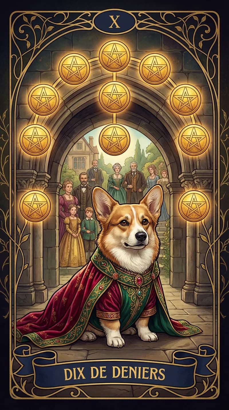 Carte de tarot Dix de Deniers issue d'un jeu d'exemple personnalisé