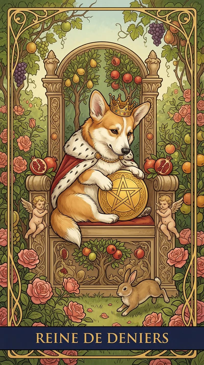 Carte de tarot Reine de Deniers issue d'un jeu d'exemple personnalisé