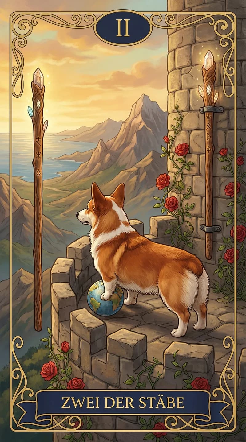 Tarotkarte Zwei der Stäbe aus einem personalisierten Beispieldeck
