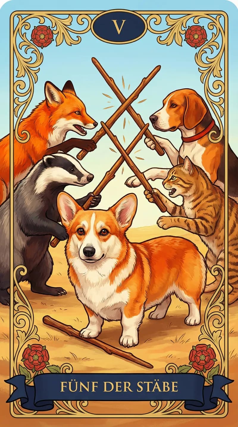 Tarotkarte Fünf der Stäbe aus einem personalisierten Beispieldeck