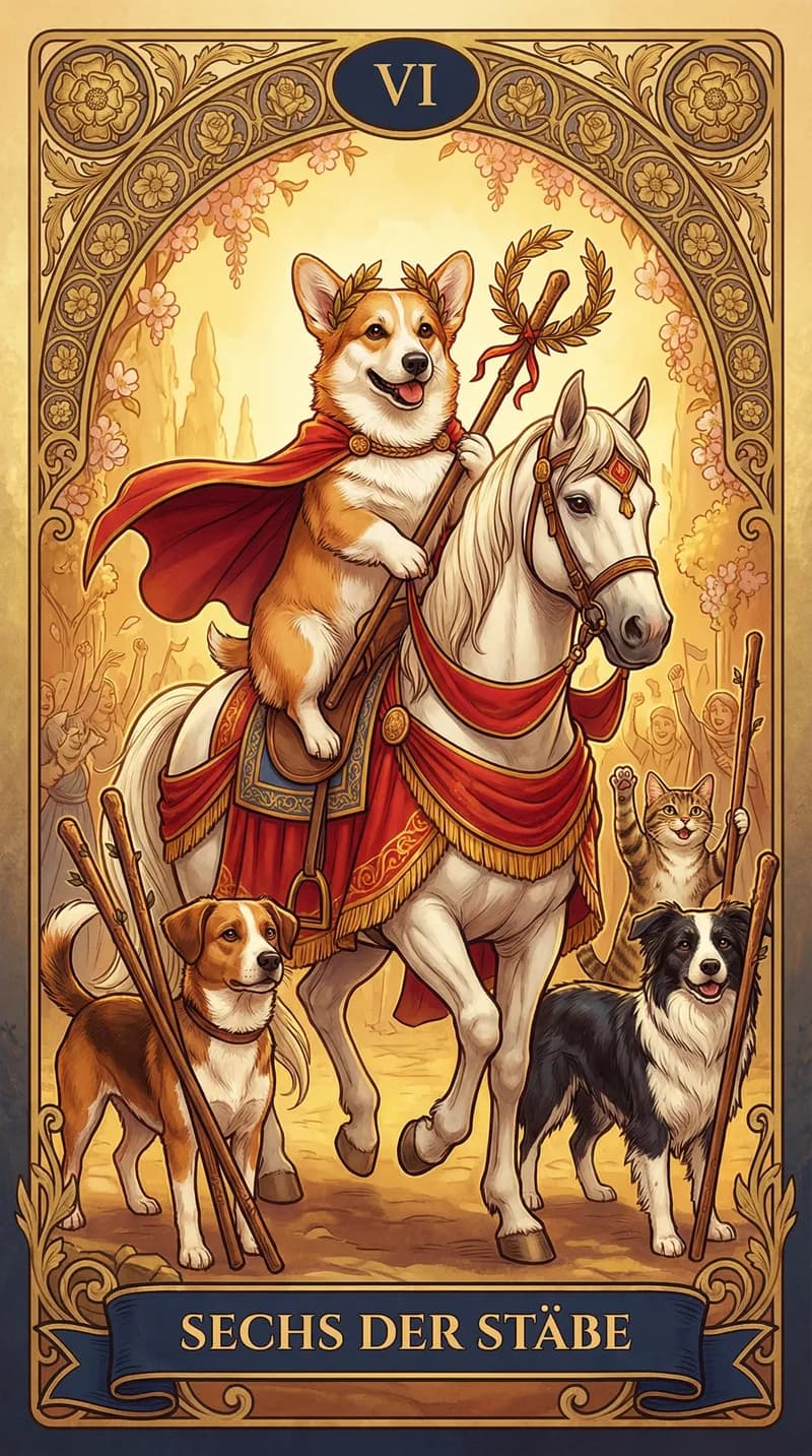 Tarotkarte Sechs der Stäbe aus einem personalisierten Beispieldeck