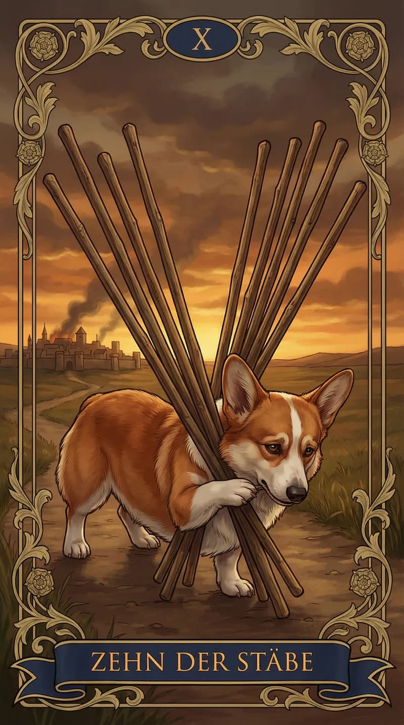 Tarotkarte Zehn der Stäbe aus einem personalisierten Beispieldeck