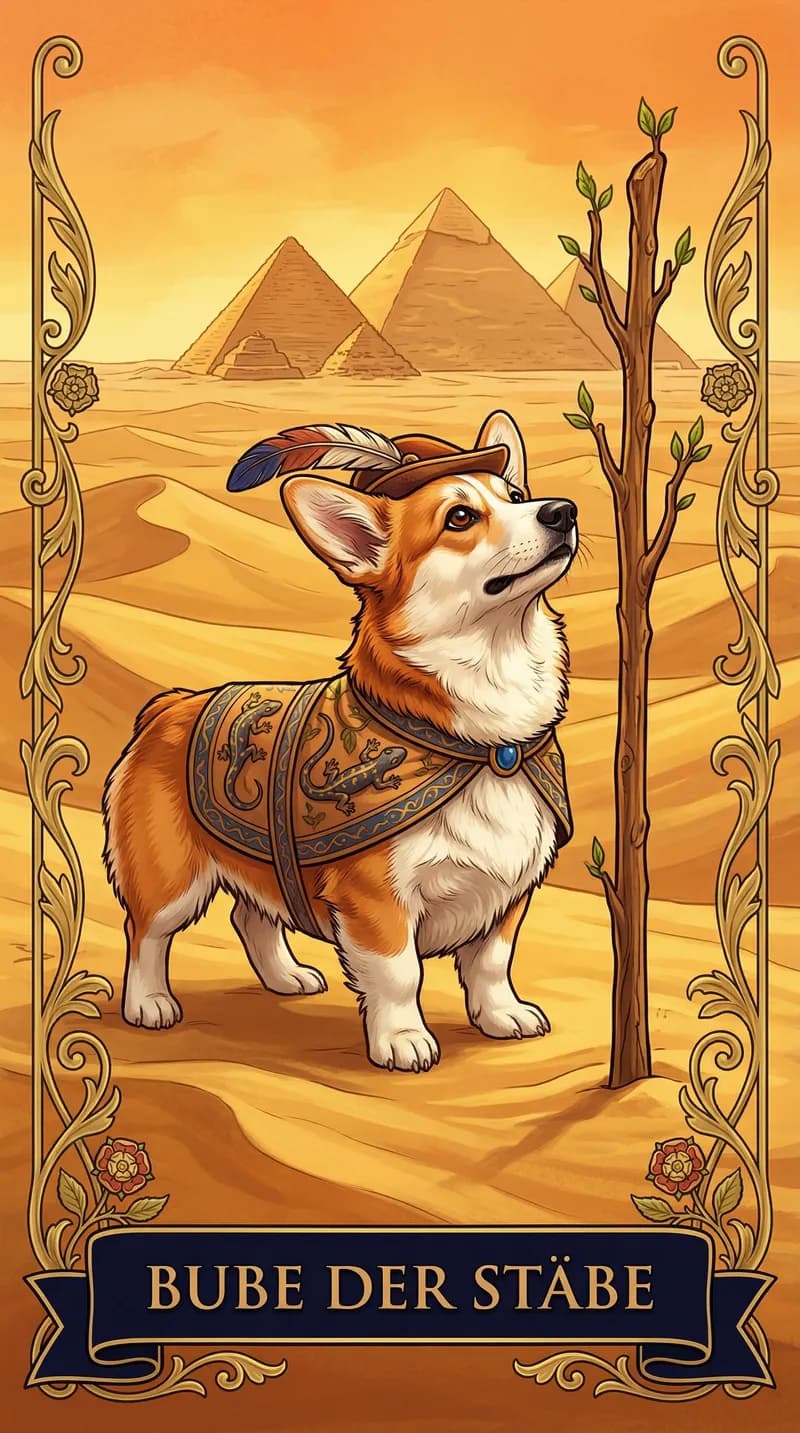 Tarotkarte Bube der Stäbe aus einem personalisierten Beispieldeck
