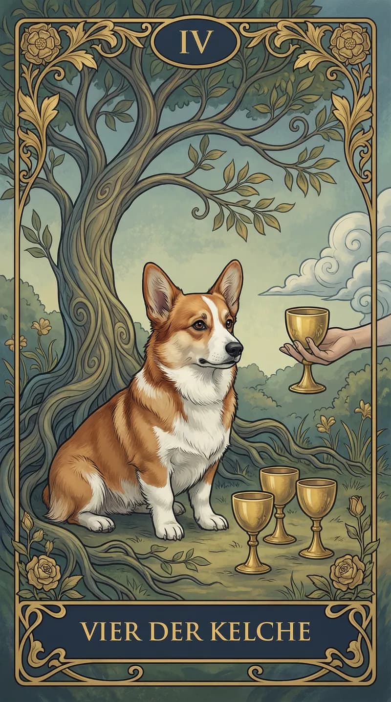 Tarotkarte Vier der Kelche aus einem personalisierten Beispieldeck