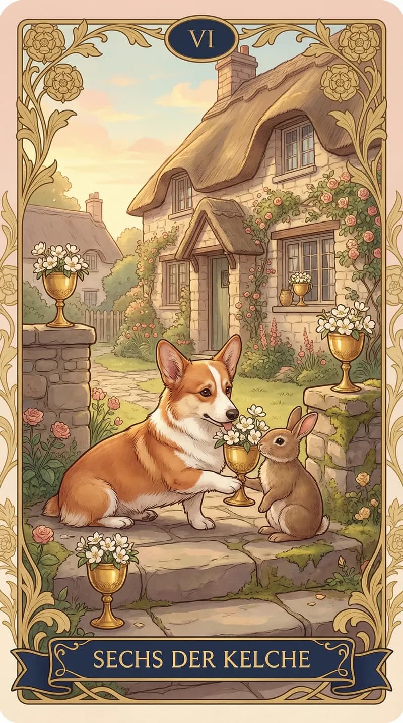 Tarotkarte Sechs der Kelche aus einem personalisierten Beispieldeck