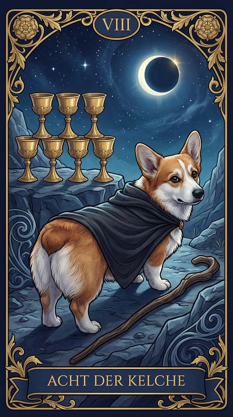 Tarotkarte Acht der Kelche aus einem personalisierten Beispieldeck