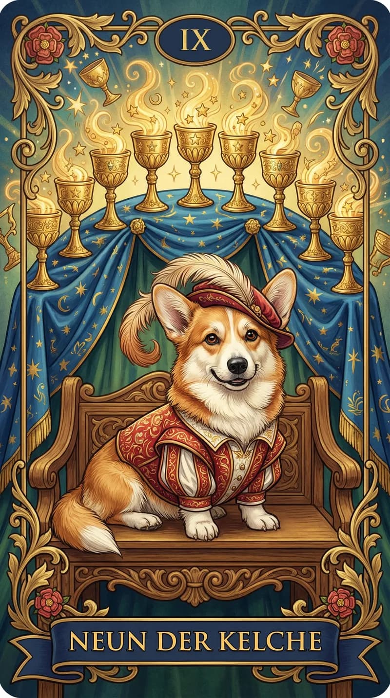 Tarotkarte Neun der Kelche aus einem personalisierten Beispieldeck