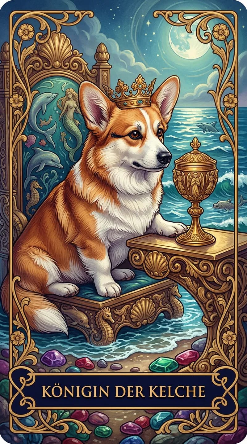 Tarotkarte Königin der Kelche aus einem personalisierten Beispieldeck
