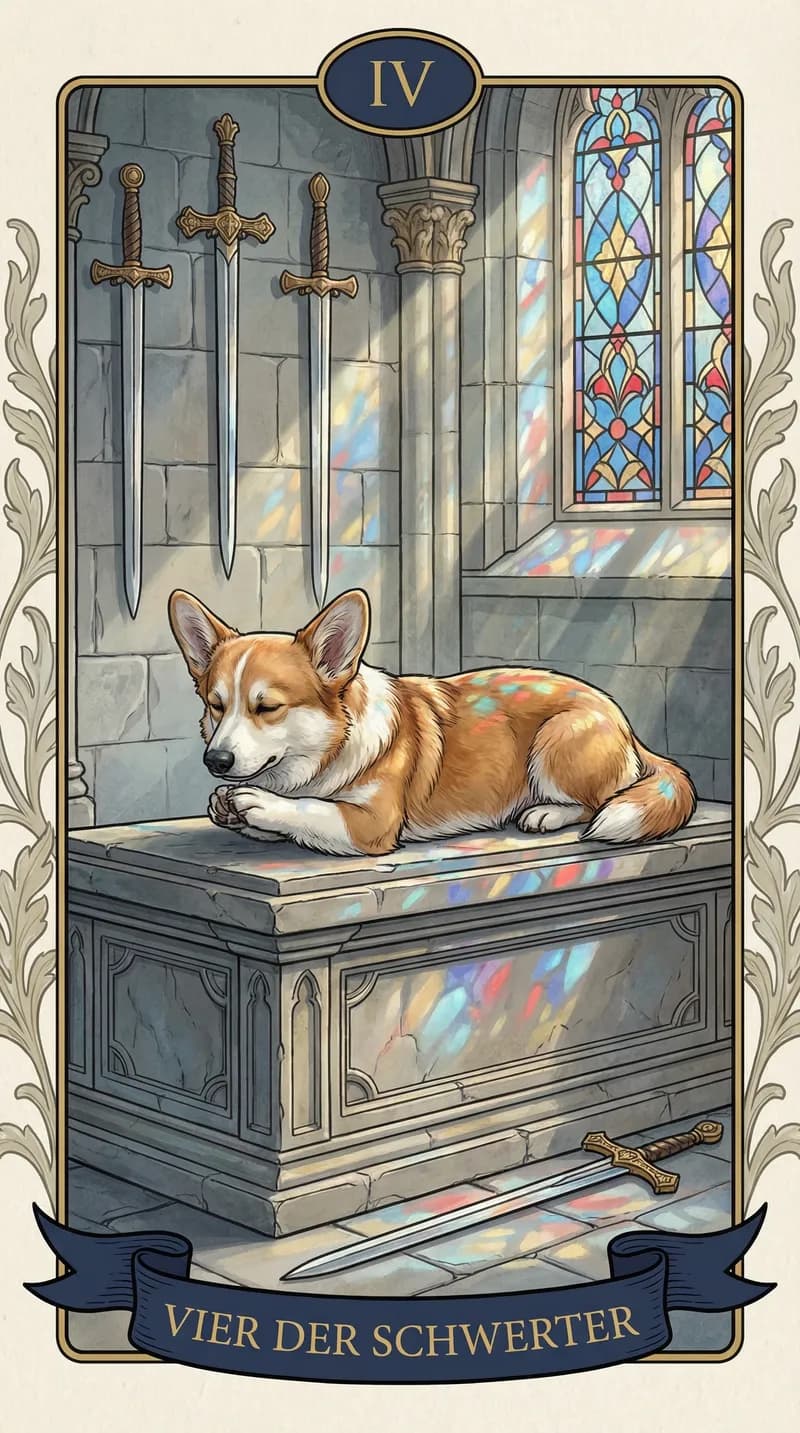 Tarotkarte Vier der Schwerter aus einem personalisierten Beispieldeck