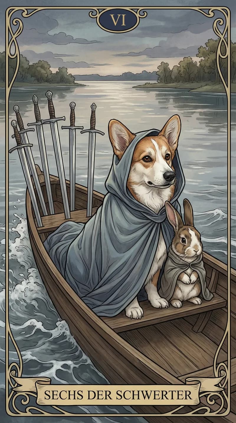 Tarotkarte Sechs der Schwerter aus einem personalisierten Beispieldeck