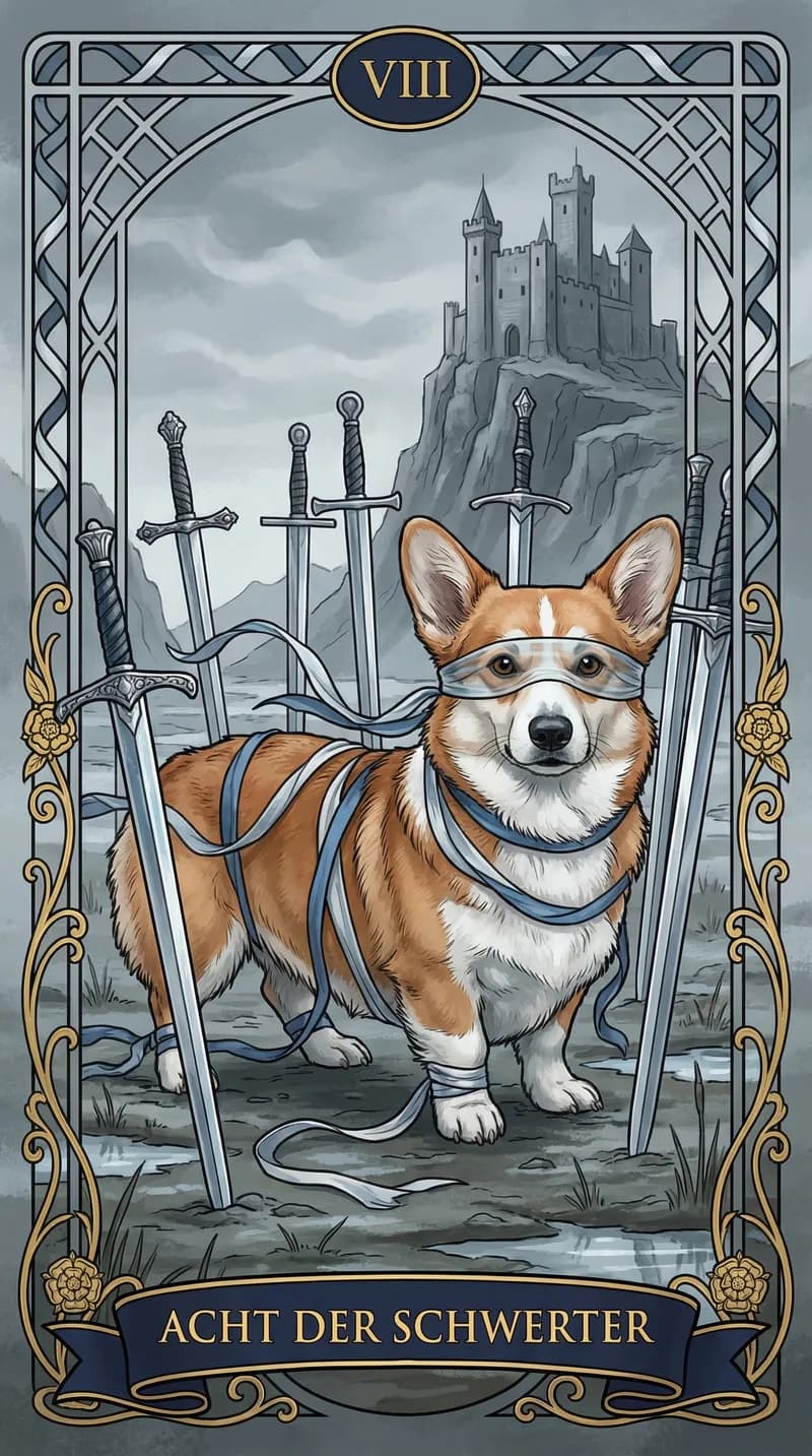Tarotkarte Acht der Schwerter aus einem personalisierten Beispieldeck
