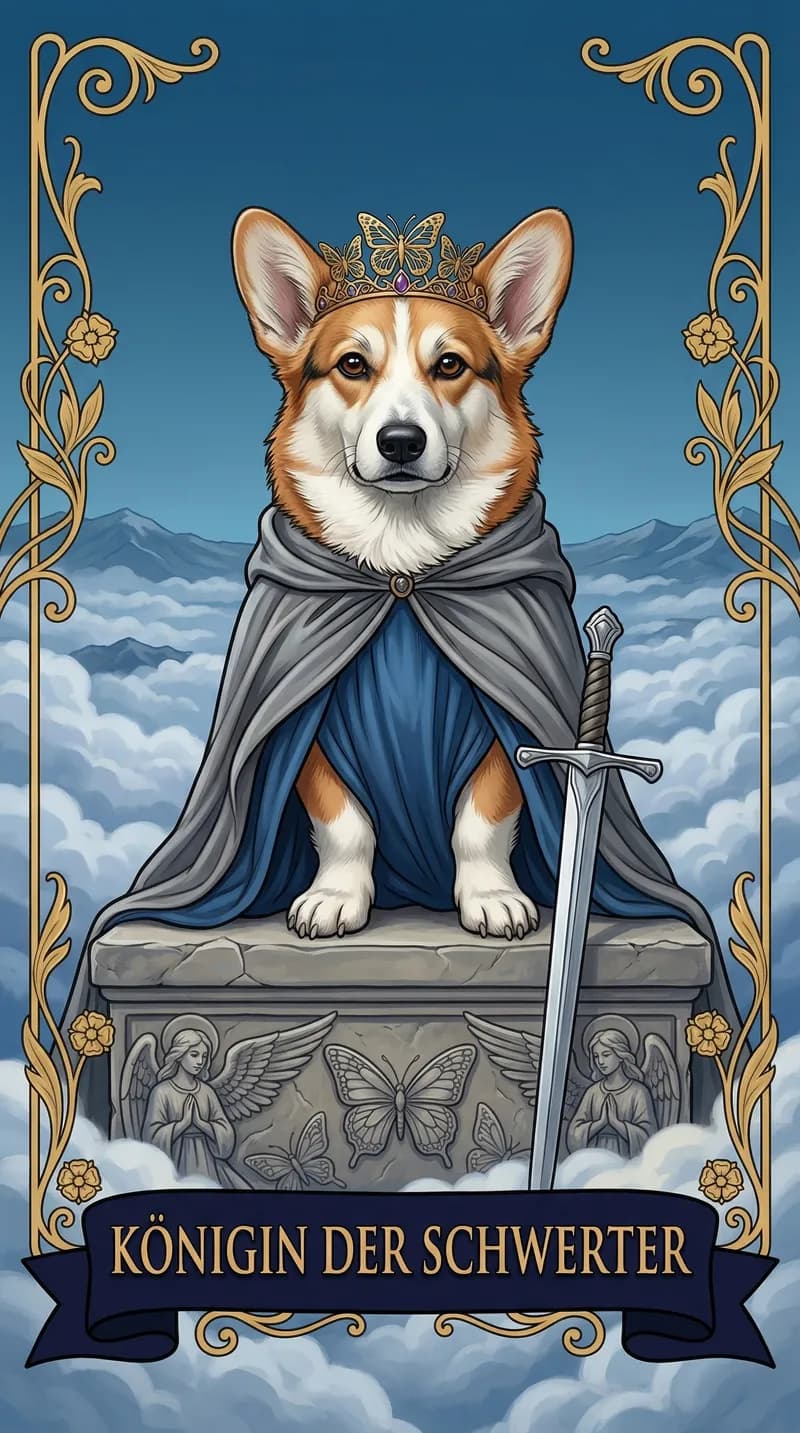 Tarotkarte Königin der Schwerter aus einem personalisierten Beispieldeck