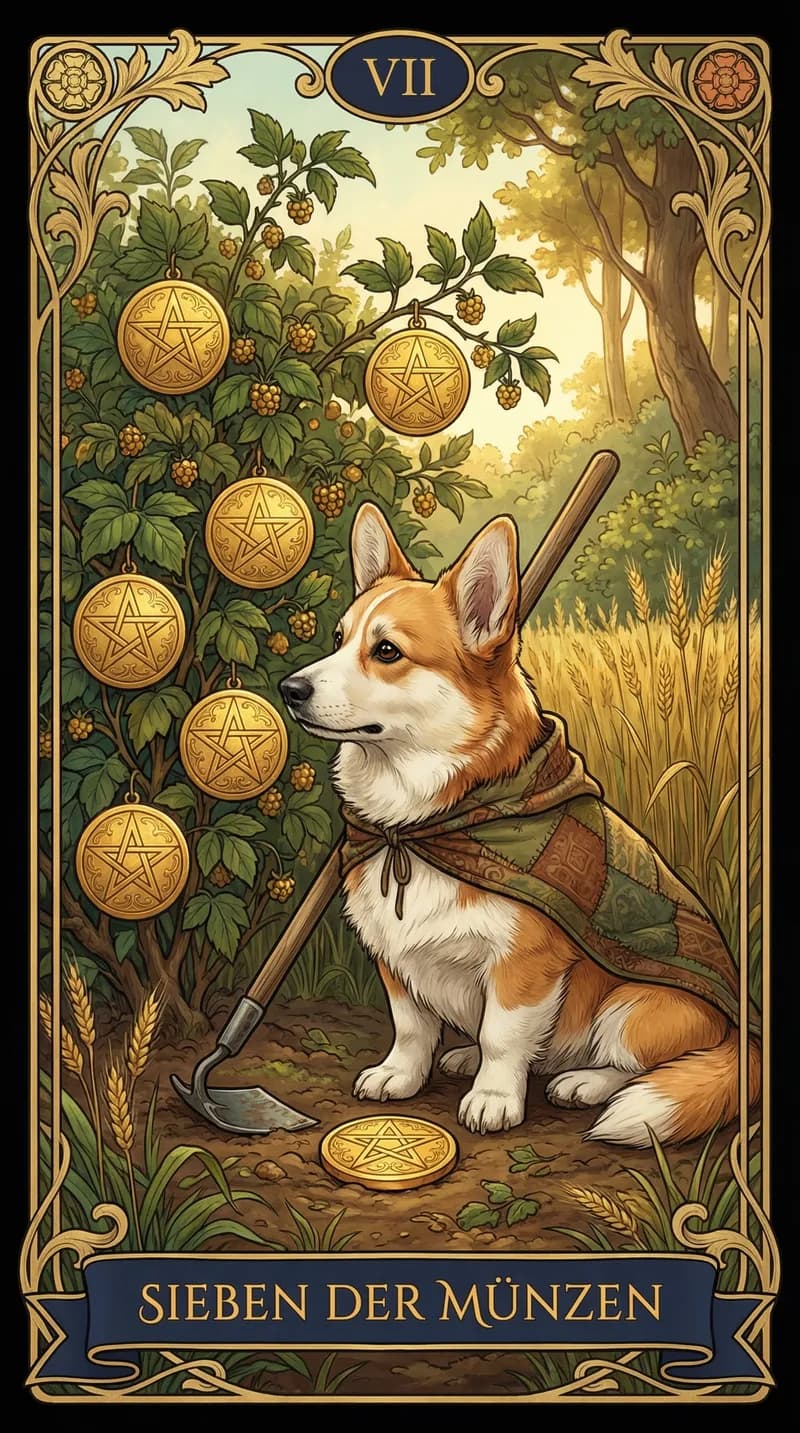 Tarotkarte Sieben der Münzen aus einem personalisierten Beispieldeck