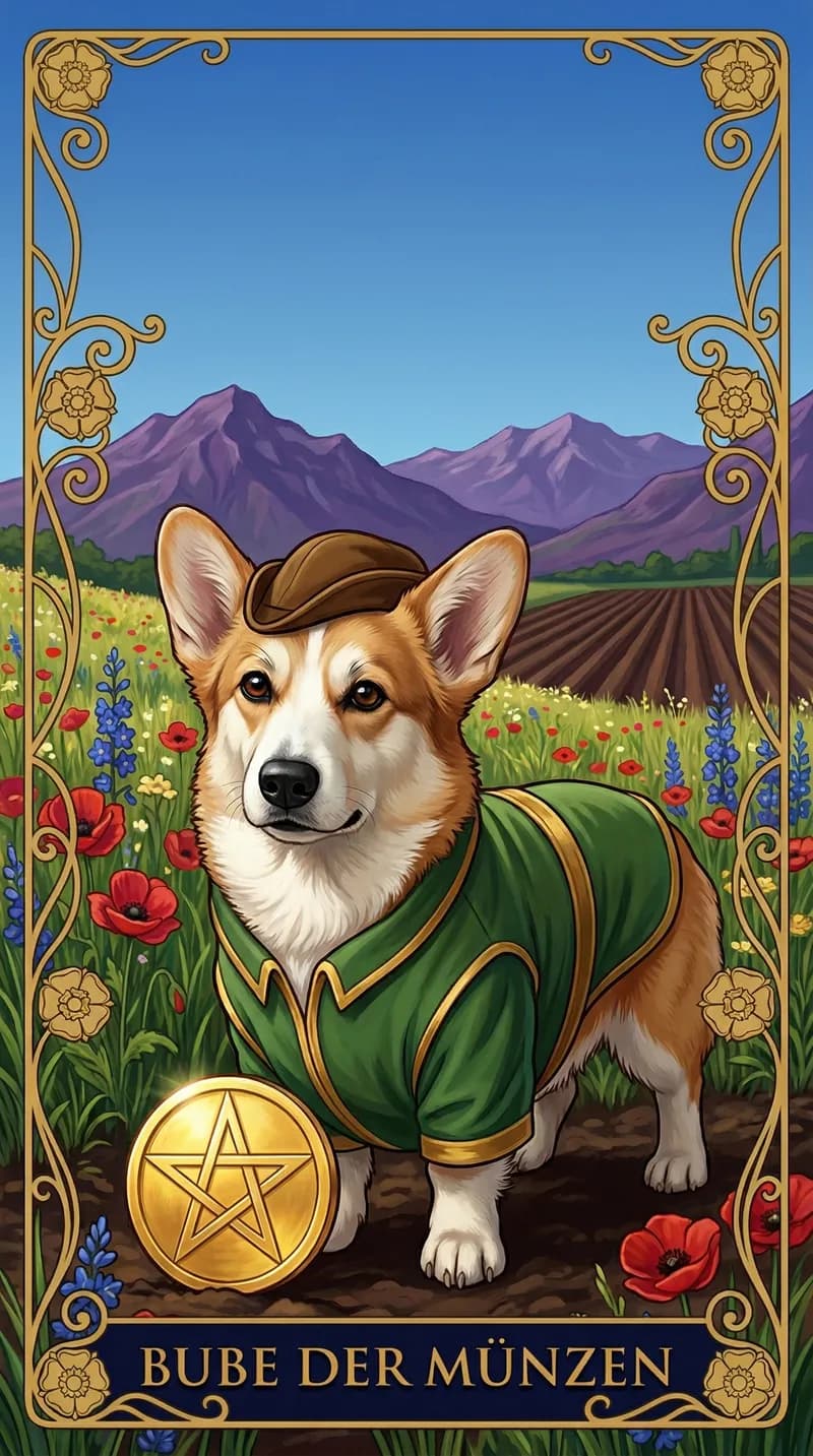 Tarotkarte Bube der Münzen aus einem personalisierten Beispieldeck