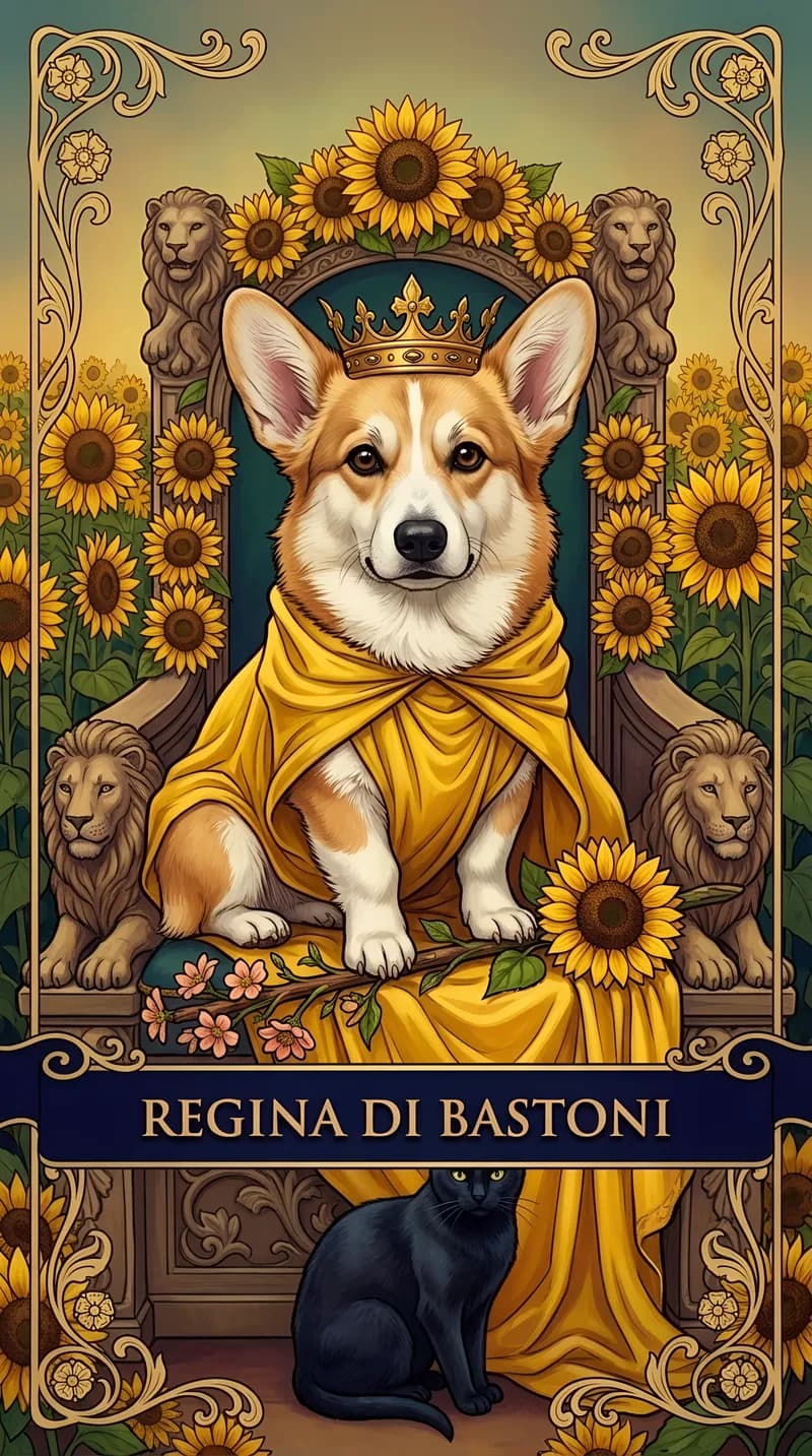 Carta dei tarocchi Regina di Bastoni da un mazzo d'esempio personalizzato