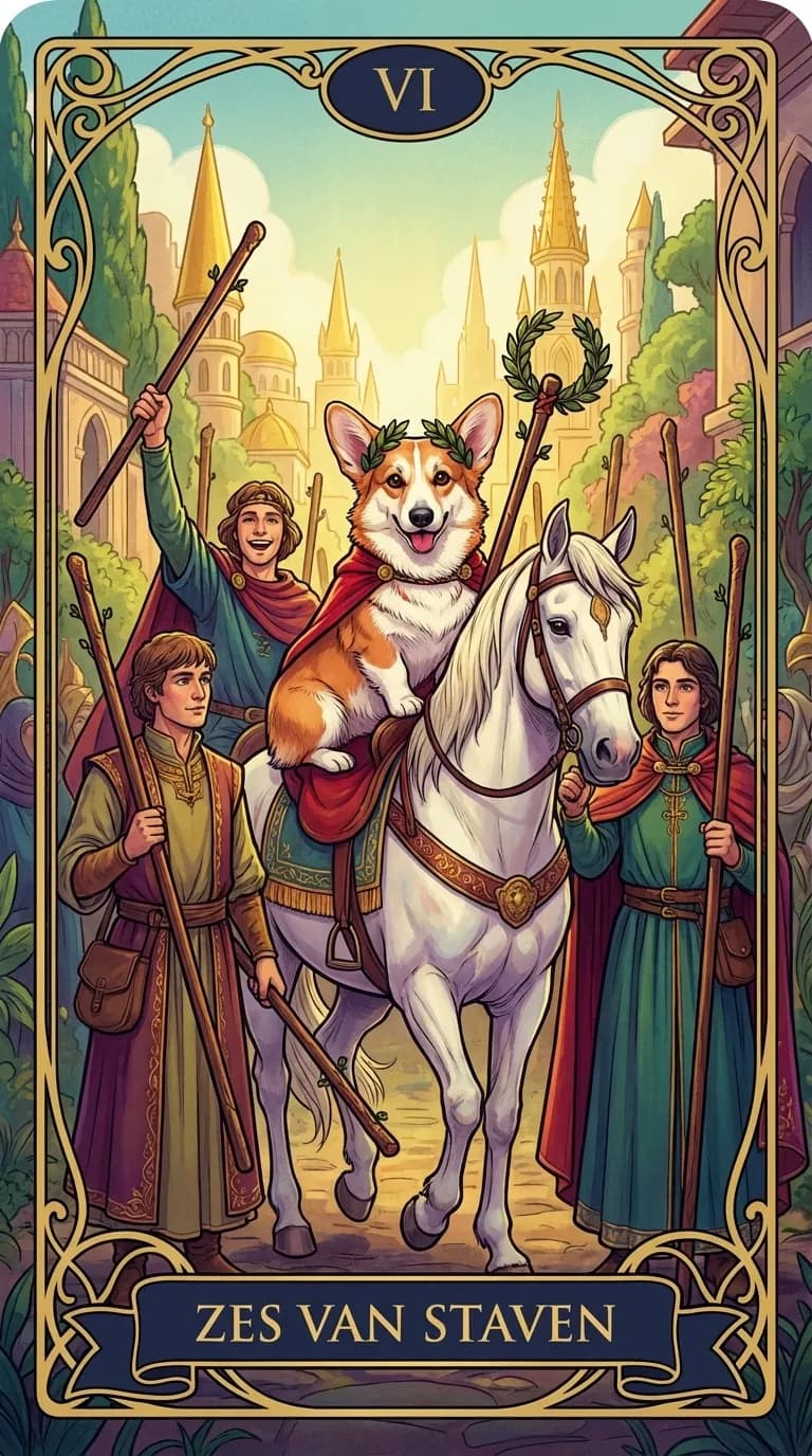 Tarotkaart Zes van Staven uit een gepersonaliseerd voorbeelddeck