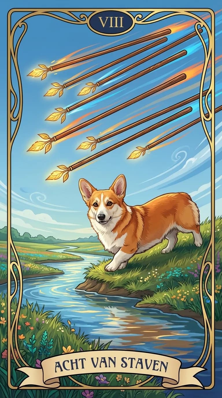 Tarotkaart Acht van Staven uit een gepersonaliseerd voorbeelddeck