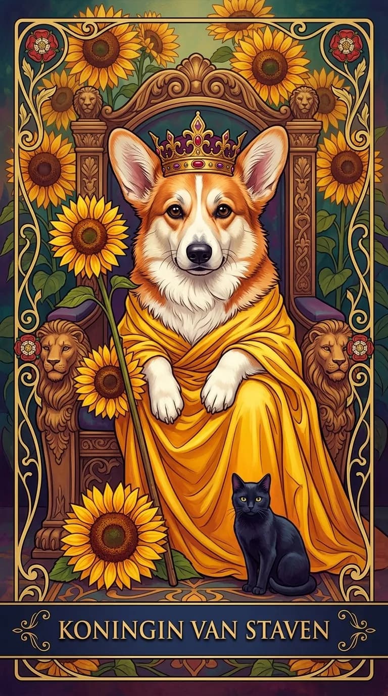 Tarotkaart Koningin van Staven uit een gepersonaliseerd voorbeelddeck