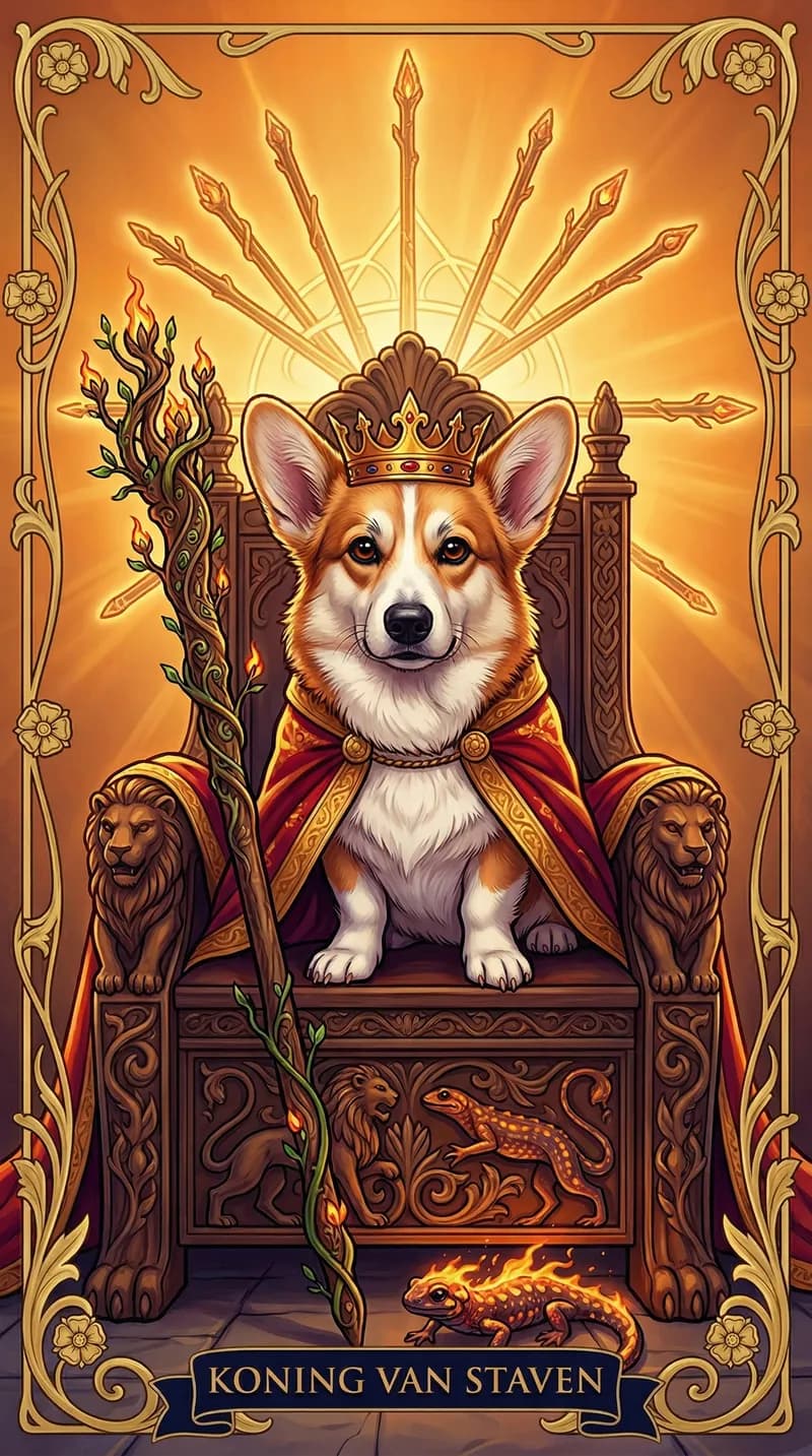Tarotkaart Koning van Staven uit een gepersonaliseerd voorbeelddeck